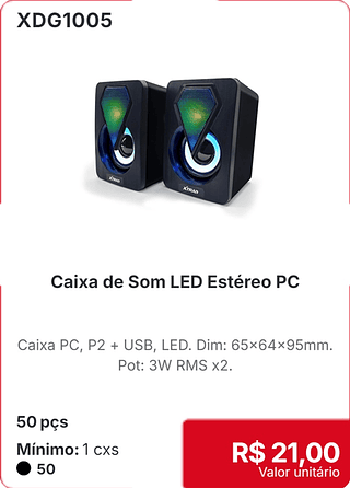 Caixa de Som LED Estereo PC 50 pçs R$ 21,00