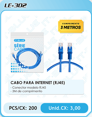 CABO PARA INTERNET (RJ45) - Conector modelo RJ45 - 3M de comprimento PCS/CX: 200 Unid.CX: 3,00