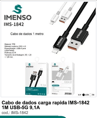 Cabo de dados carga rápida 1M USB-5G 9.1A 200PC/CX R$ 4,5