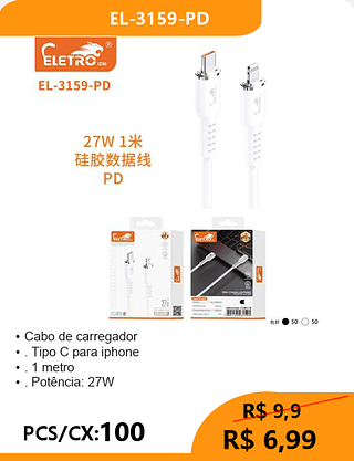 Cabo de carregador TPC-IOS PCS/CX:100 R$6,99