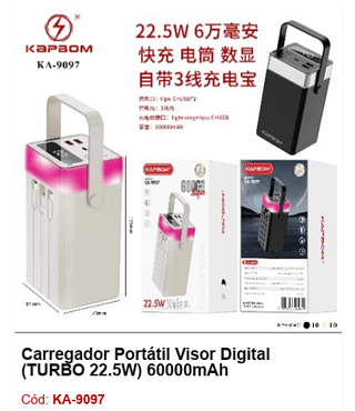 Carregador Portátil Visor Digital (TURBO 22.5W) 60000mAh R$148,5 PCS/CX: 20