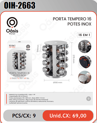 PORTA TEMPERO 16POTES INOX PCS/CX:9 Unid.CX:69,00