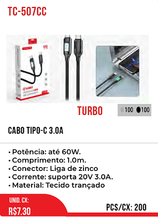 CABO TIPO-C 3.0A 200pç=7,3$