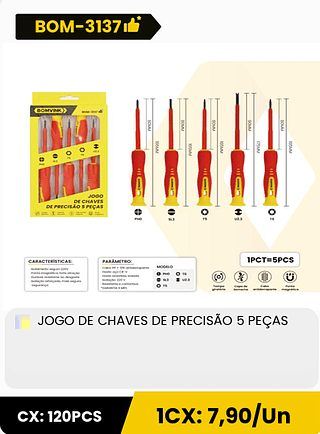 JOGO DE CHAVES DE PRECISÃO 5 PEÇAS CX: 120PCS 1CX: 7,90/Un