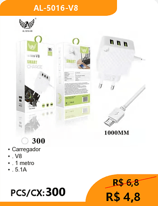 Carregador V8 PCS/CX:300 R$ 4,8