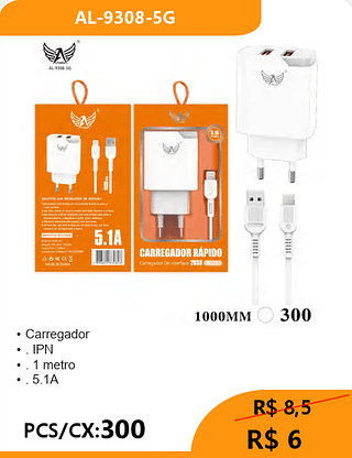 CARREGADOR LIGHTNING PCS/CX:300 R$ 6