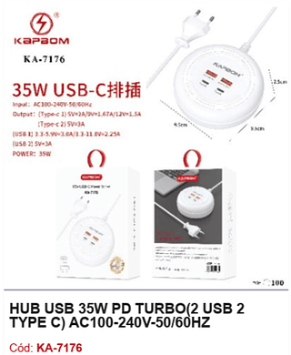 HUB USB 35W PD TURBO(2 USB 2 TYPE C) AC100-240V-50/60HZ R$7,2 PCS/cx:100