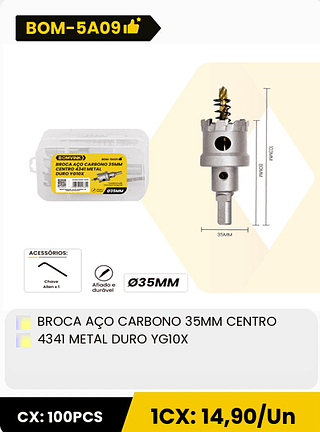 BROCA AÇO CARBONO 35MM CENTRO 4341 METAL DURO YGIOX CX: 100PCS 1CX: 14,90/Un