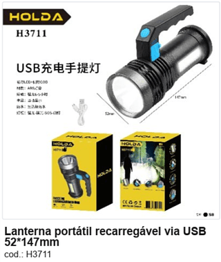 Lanterna portátil recarregável via USB 52*147mm R$ 16,2 PC/CX:80