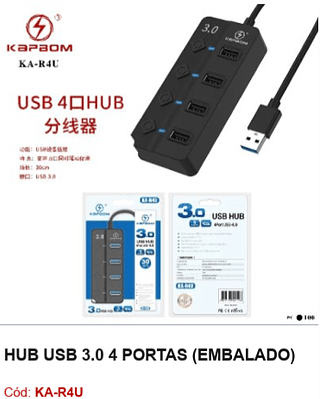 HUB USB 3.0 4 PORTAS R$ 11,7 PCS/CX:100