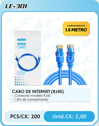 CABO DE INTERNET (RJ45) - Conector modelo RJ45 - 1,5M de comprimento PCS/CX: 200 Unid.CX: 2,00