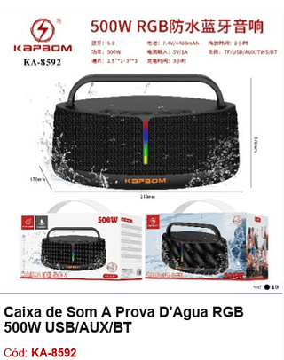 Caixa de Som À Prova D'Água RGB 500W USB/AUX/BT R$211,5 PCS/CX:10