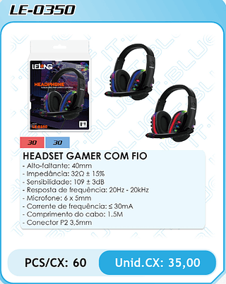 HEADSET GAMER COM FIO PCS/CX: 60 Unid.CX: 35,00
