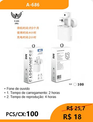 FONE BLUETOOTH PCS/CX:100 R$18