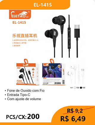 FONE DE OUVIDO TIPO-C PCS/CX:200 R$6,49