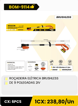 ROÇADEIRA ELÉTRICA BRUSHLESS DE 9 POLEGADAS 2IV CX: 6PCS 1CX: 238,80/Un