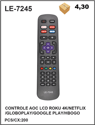 CONTROLE AOC LCD ROKU 4K/NETFLIX IGLOBOPLAY/GOOGLE PLAY/HBOGO 200pç=4,3$