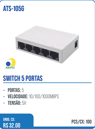 SWITCH 5 PORTAS UNID. CX: R$ 32.00 PCS/CX: 100