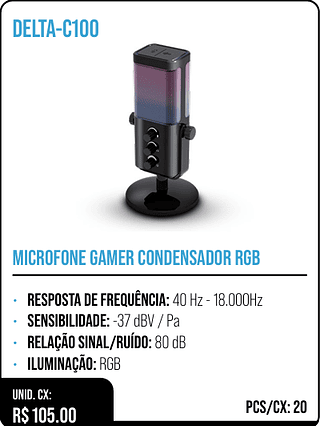 MICROFONE GAMER CONDENSADOR RGB UNID. CX: R$ 105.00 PCS/CX: 20