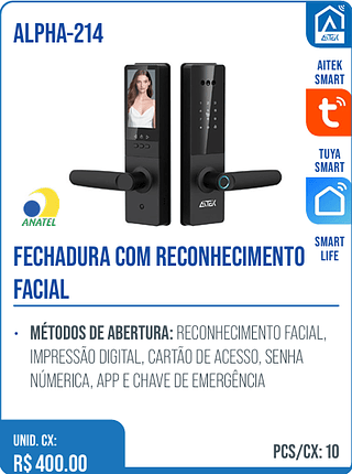 FECHADURA COM RECONHECIMENTO FACIAL UNID. CX: R$ 400.00 PCS/CX: 10