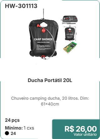 Ducha Portátil 20L 24 pçs R$ 26,00