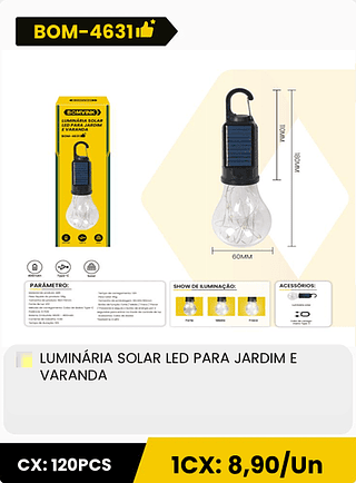 LUMINÁRIA SOLAR LED PARA JARDIM E VARANDA CX: 120PCS 1CX: 8,90/Un