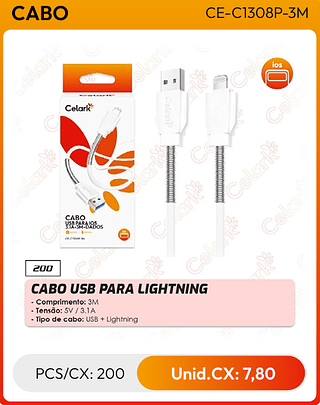CABO USB PARA LIGHTNING PCS/CX: 200 Unid.CX: 7,80