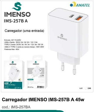 Carregador IMENSO 45w 100PC/CX R$27