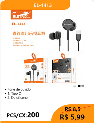 FONE DE OUVIDO TIPO-C PCS/CX:200 R$5,99
