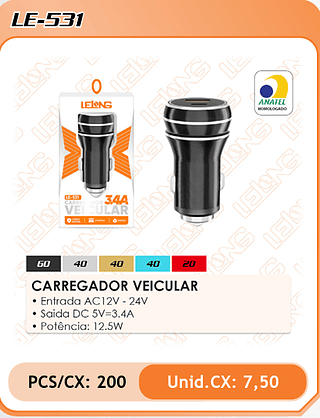 CARREGADOR VEICULAR 200PÇ=7,5$
