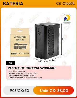 PACOTE DE BATERIA 5200MAH PCS/CX: 50 Unid.CX: 88,00