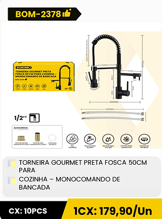TORNEIRA GOURMET PRETA FOSCA 50CM PARA COZINHA - MONOCOMANDO DE BANCADA CX: 10PCS 1CX: 179,90/Un