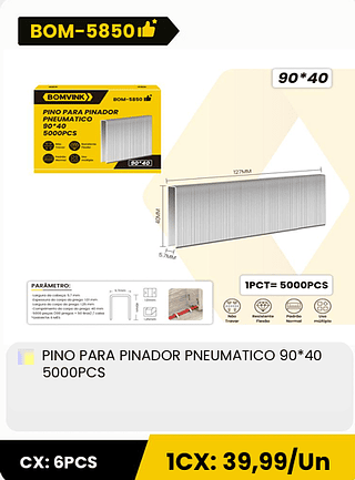 PINO PARA PINADOR PNEUMATICO 90*40 5000PCS CX: 6PCS ICX: 39,99/Un