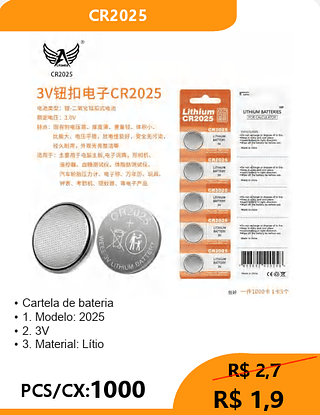 Cartela de bateria PCS/CX:1000 R$ 1,9