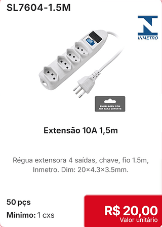 Extensão 10A 1,5m 50 pçs R$ 20,00