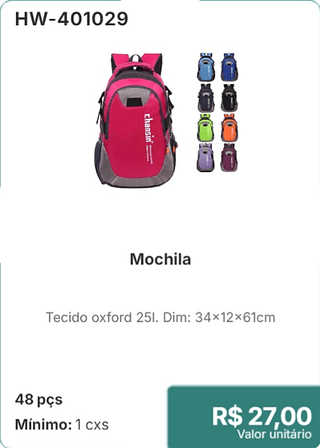 Mochila 48 pçs R$ 27,00