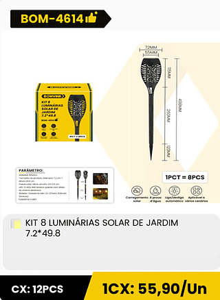 KIT 8 LUMINARIAS SOLAR DE JARDIM 7.2*49.8 CX: 12PCS 1CX: 55,90/Un