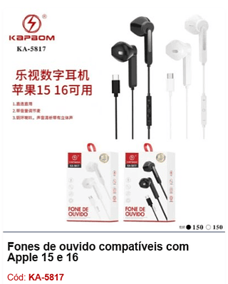 Fones de ouvido compatíveis com Apple 15 e 16 R$7,2 PCS/cx:300