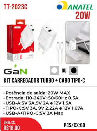 KIT carregador TURBO + CABO TIPO-C 60pç=18$