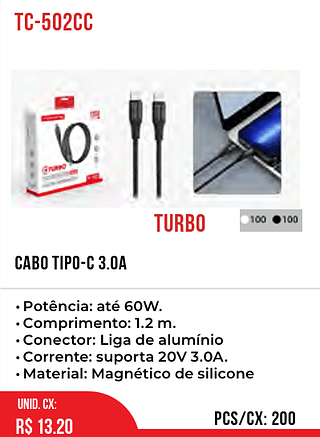 CABO TIPO-C 3.0A 200pç=13,2$