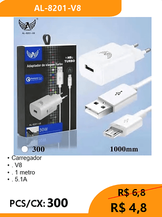 Carregador V8 PCS/CX: 300 R$ 4,8