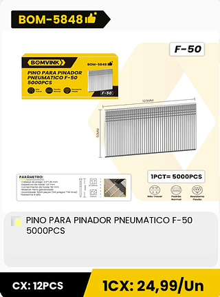 PINO PARA PINADOR PNEUMATICO F-50 5000PCS CX: 12PCS ICX: 24,99/Un