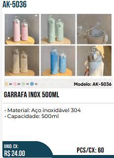 garrafa inox 500ml UNID. CX: R$ 24.00 PCS/CX: 60