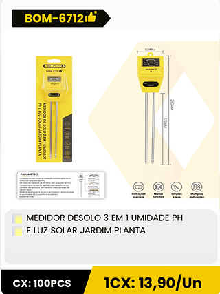 MEDIDOR DESOLO 3 EM 1 UMIDADE PH E LUZ SOLAR JARDIM PLANTA CX: 100PCS 1CX: 13,90/Un