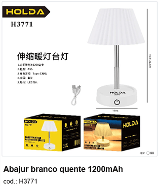 Abajur branco quente 1200mAh R$ 25,2 PC/CX:80