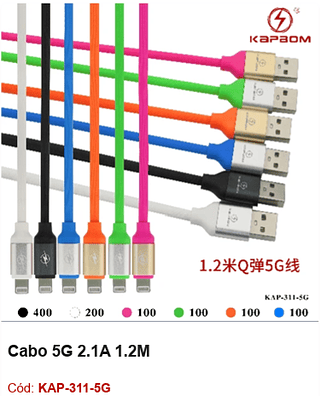 Cabo 5G 2.1A 1.2M R$ 2,07 PCS/CX:1000