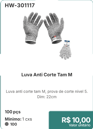 Luva Anti Corte Tam M 100 pçs R$ 10,00