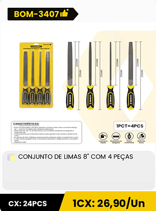 CONJUNTO DE LIMAS 8" COM 4 PEÇAS CX: 24PCS 1CX: 26,90/Un