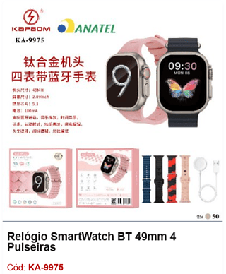 Relógio SmartWatch BT 49mm 4 Pulseiras R$56,7 PCS/CX:50