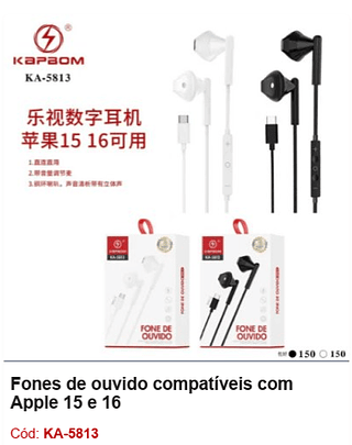 Fones de ouvido compatíveis com Apple 15 e 16 R$7,2 PCS/CX:300